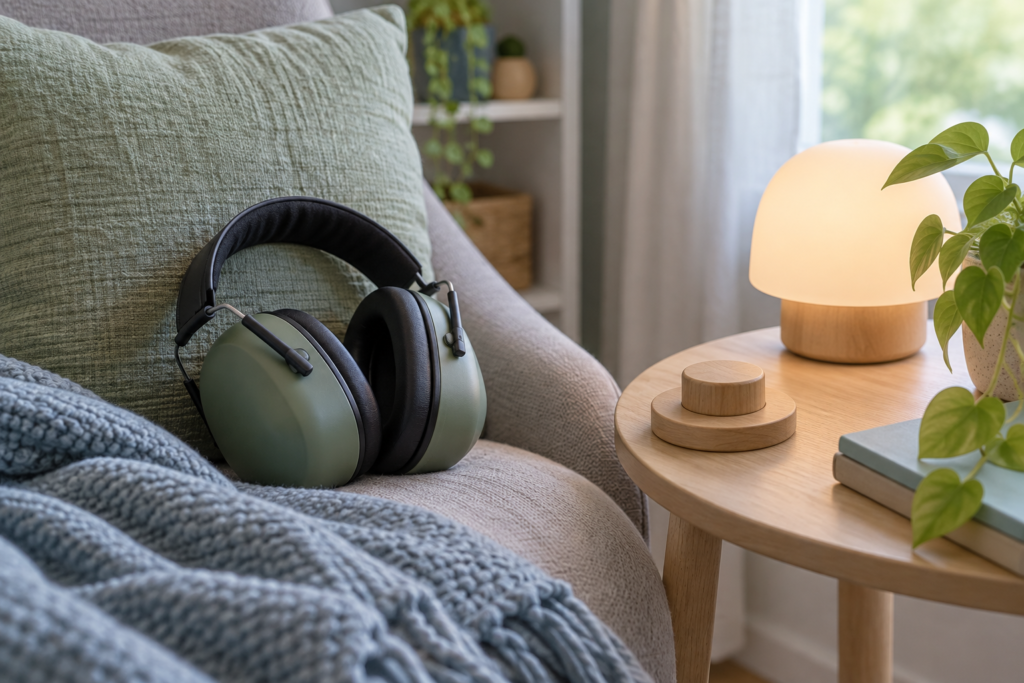 Plain hearing protectors in a calm reading nook with soft lamp and natural textures