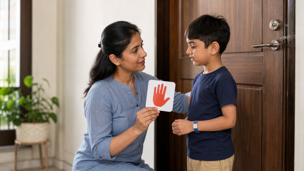 Parent practising an autism elopement safety routine with a child at home