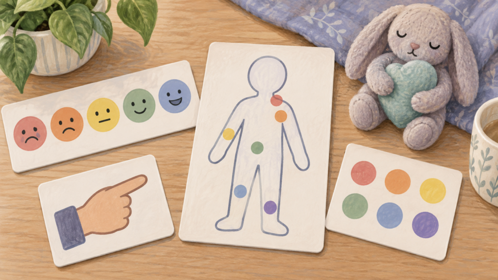 Body map, emotion icons and pointing cards for an autism pain communication plan