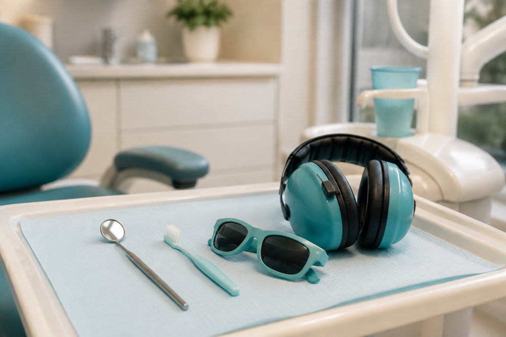Noise-reducing headphones, sunglasses, toothbrush and dental mirror prepared in a calm dental room