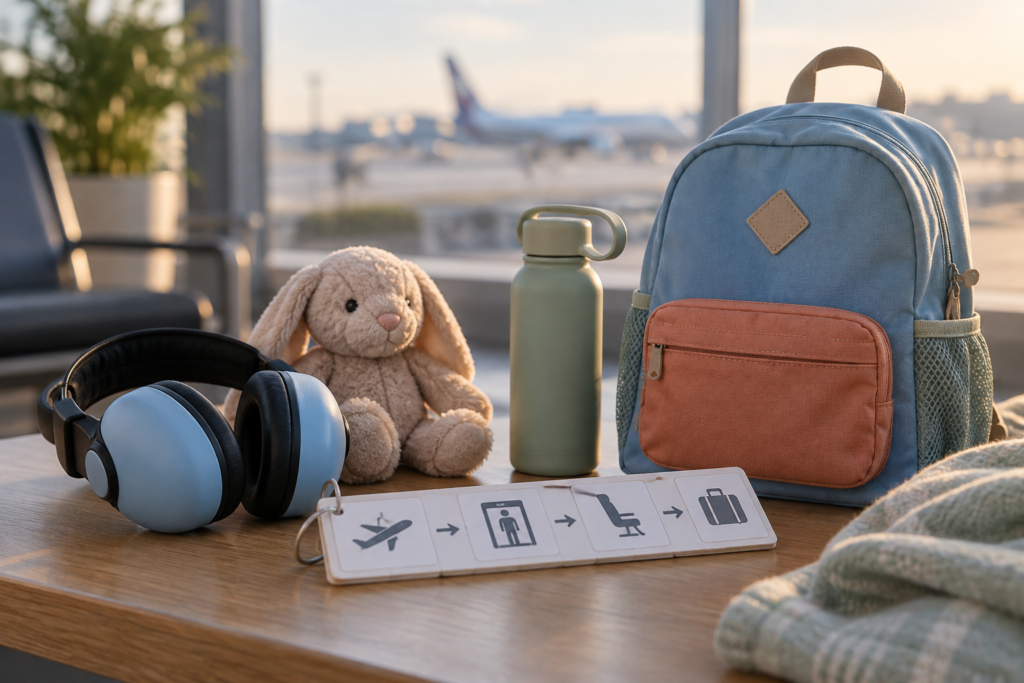 Headphones, comfort toy, water bottle and visual travel cards prepared for a sensory-friendly flight