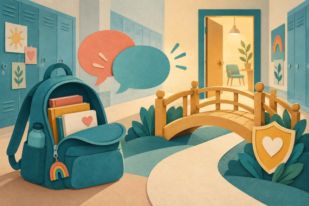 Paper-cut school scene with backpack, speech bubbles, bridge and safe doorway for a bullying help plan