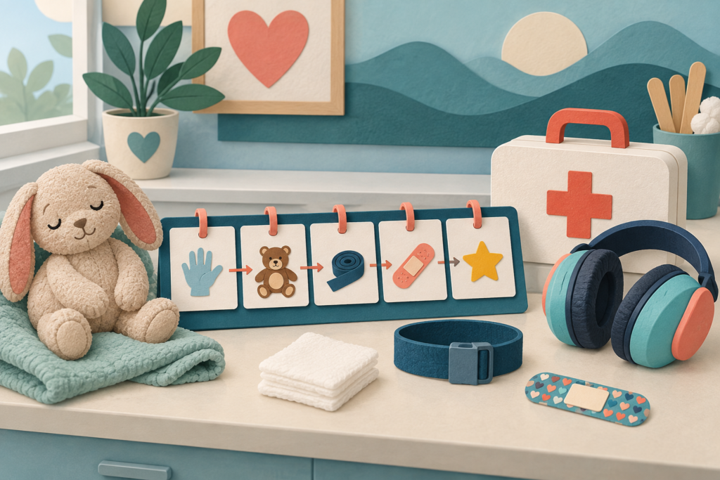 Visual schedule, comfort toy and sensory headphones prepared for an autistic child’s blood test