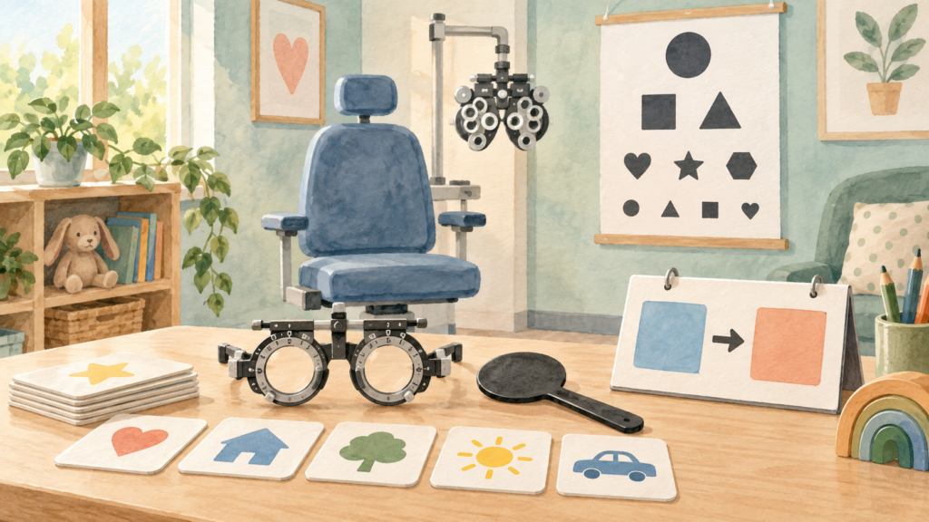 Accessible eye-test room with picture cards and trial glasses