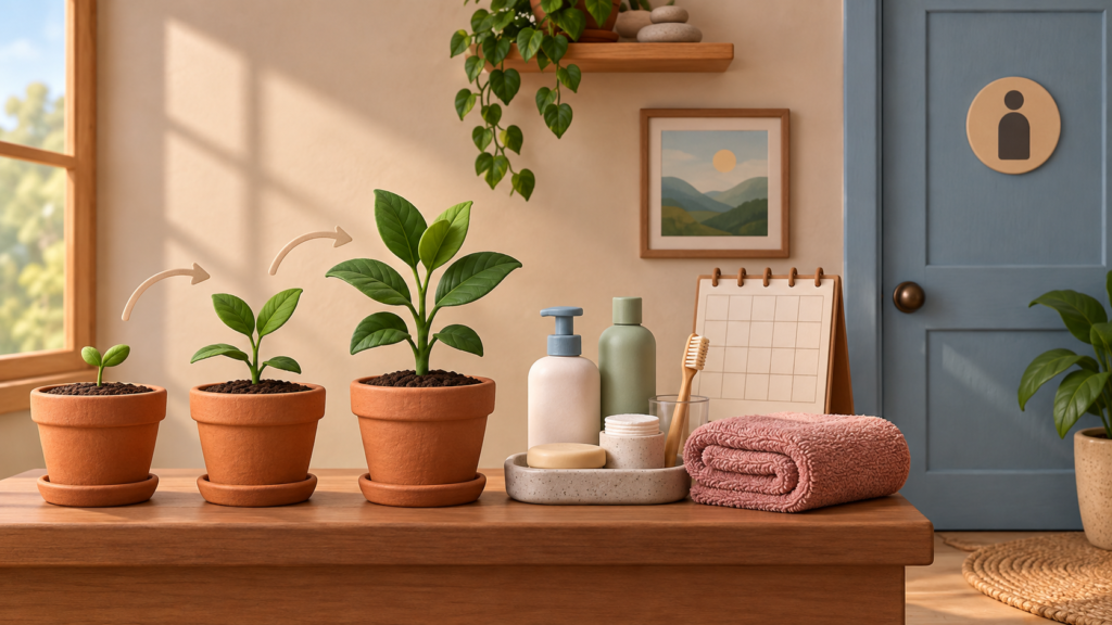 Growing plants, hygiene items and a calendar representing gradual autism puberty preparation