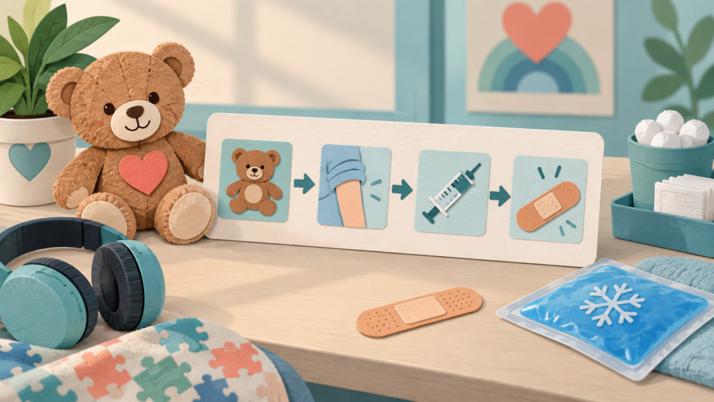 Calm vaccination preparation kit with visual schedule, comfort toy and bandage