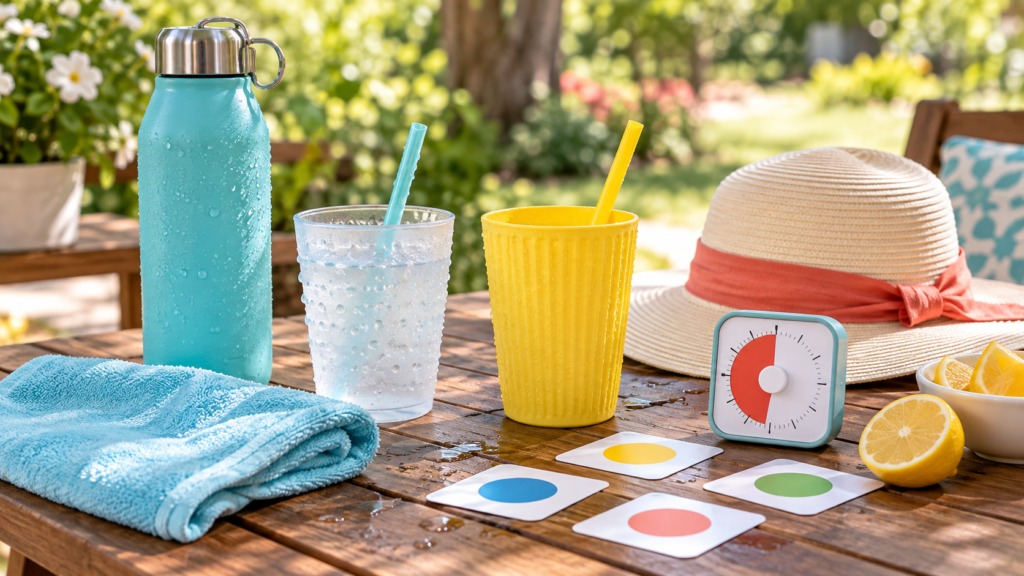 Water bottle, textured cups and cooling cloth prepared for hot weather