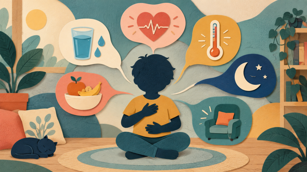 Paper-cut illustration of body-signal cues around a child silhouette
