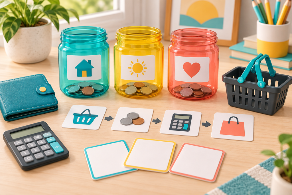 Colour-coded saving jars, wallet, calculator and picture cards for practising money skills