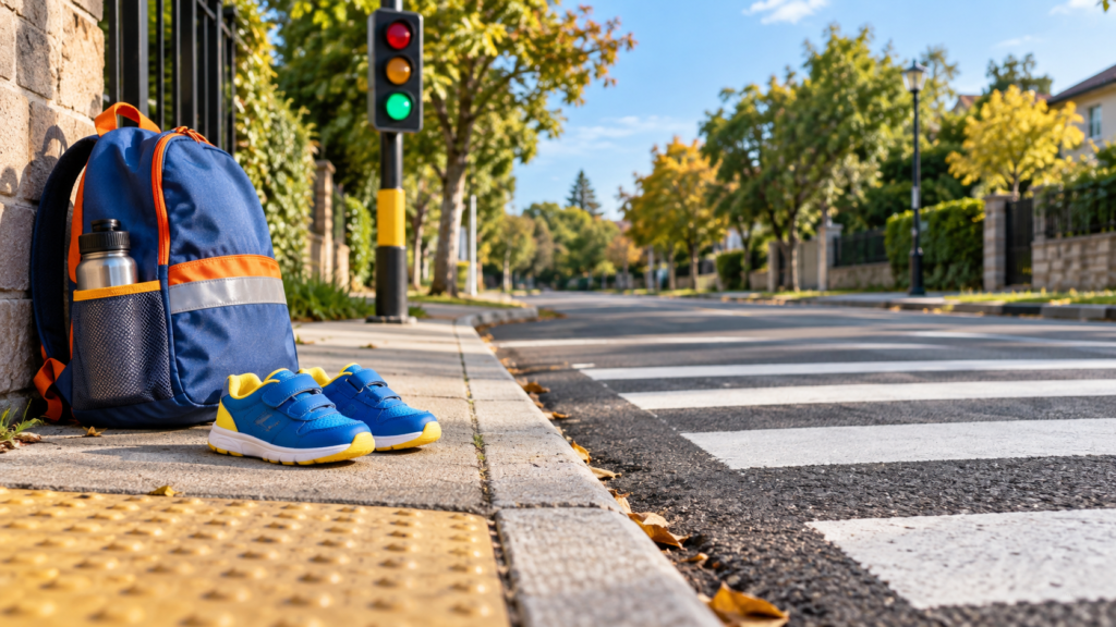 Reflective backpack and small shoes waiting safely beside a pedestrian crossing