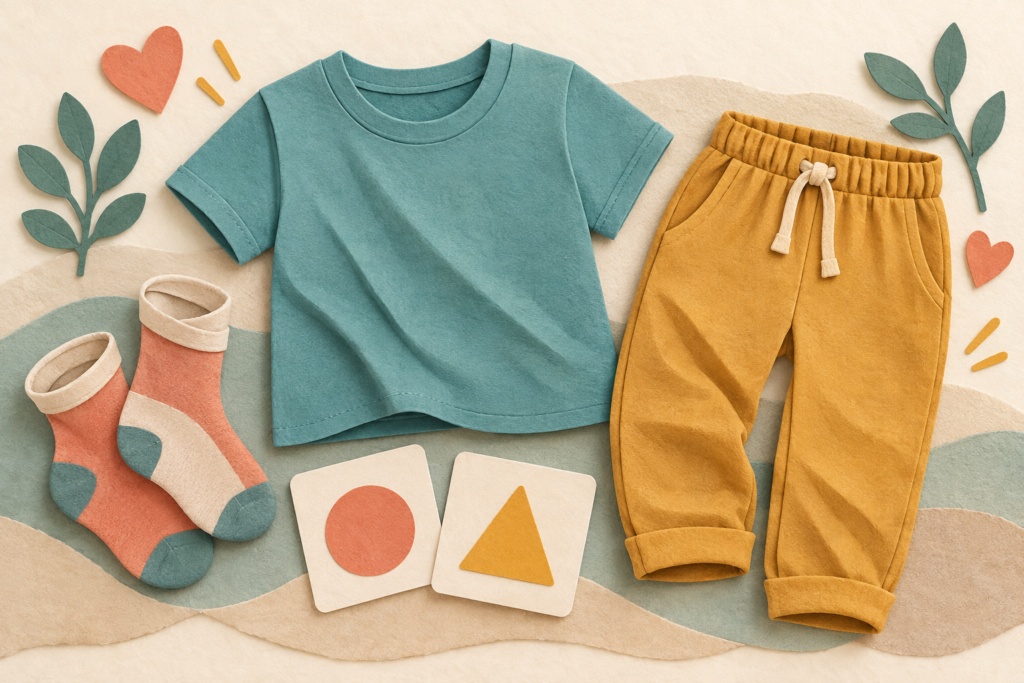 Paper-cut illustration of soft tagless clothes and seamless socks arranged for sensory-friendly dressing