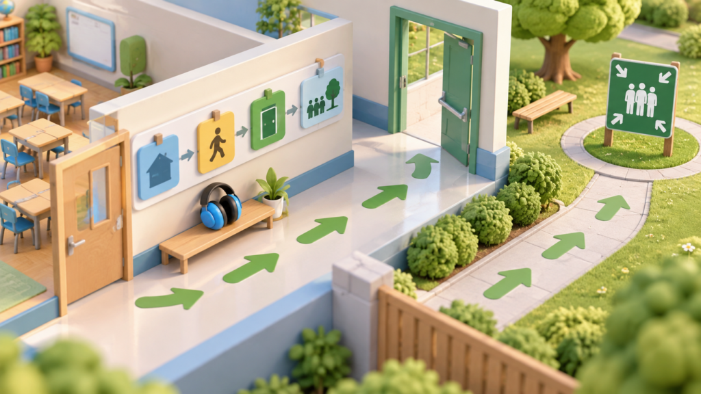 Model school evacuation route with ear defenders and outdoor assembly point