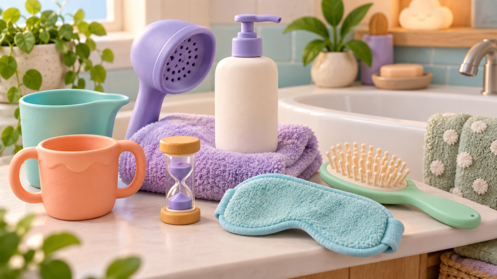 Calm bathroom hair-washing kit with cups, towel, brush and washcloth