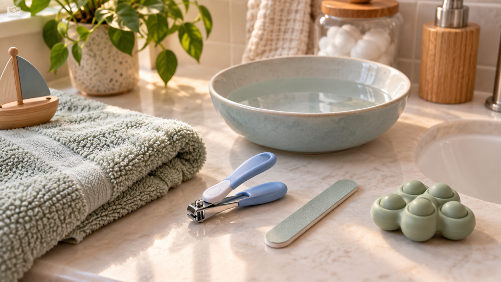 Gentle nail-care setup with child-safe clippers, soft towel and sensory fidget