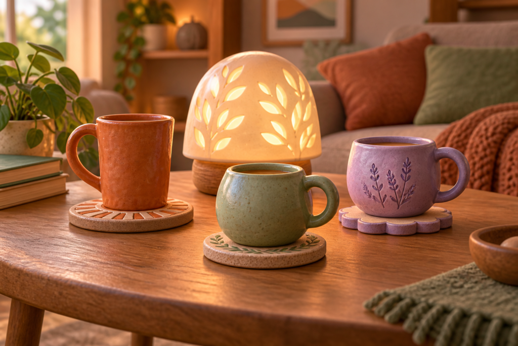 Three different ceramic cups on individual coasters around a warm shared lamp, symbolising fair family support